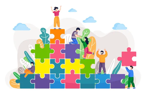 Eco amichevole illustrazione di persone cooperazione per la costruzione di un nuovo mondo pulito, immagine puzzle colorato — Vettoriale Stock