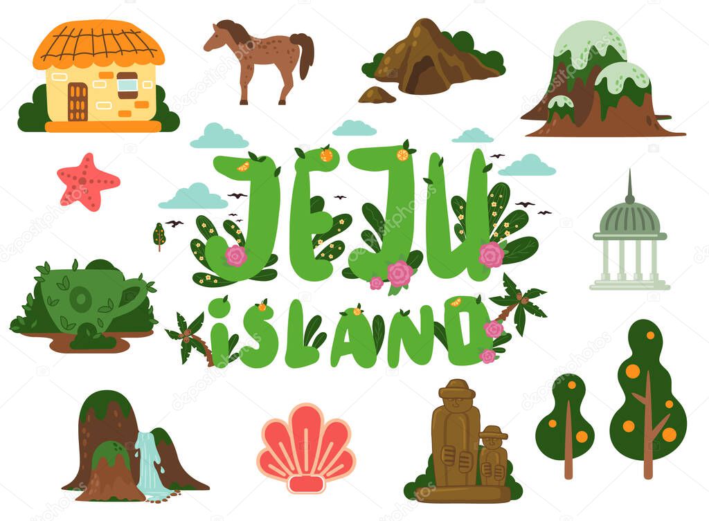 Poster with Jeju island in South Korea, traditional landmarks, symbols, emblems, popular places