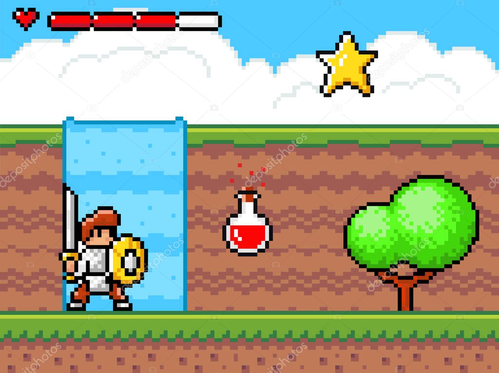 Personage or character of pixel game, knight wearing armor with sword near poison, star bonus