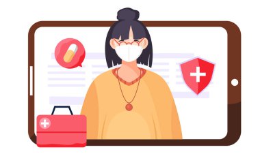 Maskeli bir kızla tablet, ilk yardım çocuğu, haç ve hap ikonları. Karantina koşulları