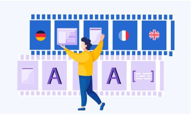 Çeviri servisi konsepti. Çok dilli sözlük. Metinlerin çevirisi üzerinde çalışan adam