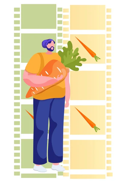 长胡子的人带着胡萝卜园丁或农民手中拿着橙子胡萝卜.健康饮食、素食 — 图库矢量图片