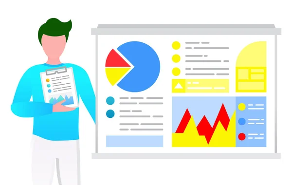 Hombre Presentando Diagrama de Analítica de Negocios a Bordo — Vector de stock