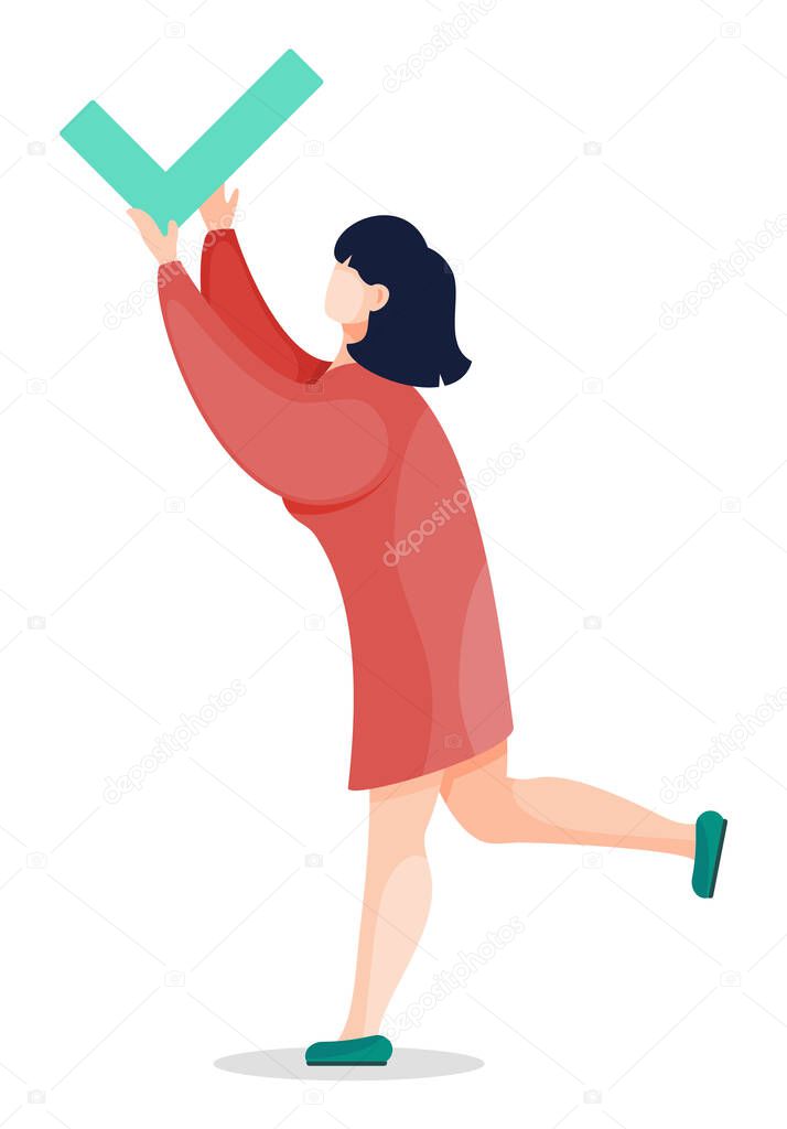Woman Holding Check Mark in Hands Isolated Lady