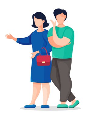 Beyaz arka planda izole edilmiş yüzsüz çizgi film karakterleri, genç adam ve kız elbise giyip konuşuyorlar.