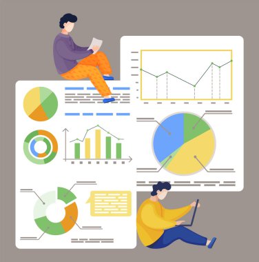 Çizelge, grafik, diyagram, istatistik ve finansal analizlerle çalışan iki iş arkadaşı