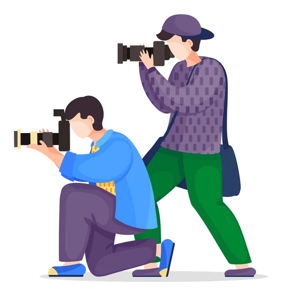 Periodistas de fotos con cámaras de alta resolución, paparazzi tomando fotos, personajes de dibujos animados vectoriales — Archivo Imágenes Vectoriales
