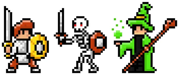 Estilo de arte Pixel, personagem no jogo arcade jogar vetor. Homem com escudo e espada esqueleto e feiticeiro — Vetor de Stock