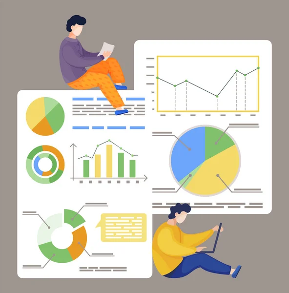 Dos compañeros de trabajo que trabajan con gráfico, gráfico, diagrama, análisis estadístico, análisis financiero — Vector de stock