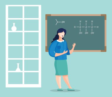 Kimyasal tahvillerle masayı gösteren öğrenci, üniversitede ders veren profesör.