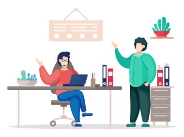 Ofiste yeni bir proje veya girişimi tartışan iki meslektaşın vektör illüstrasyonu, takım çalışması