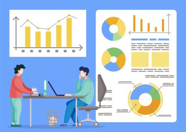 Ofisteki meşgul insanların veri analizi, iş sırasında iletişim kuran meslektaşlar.