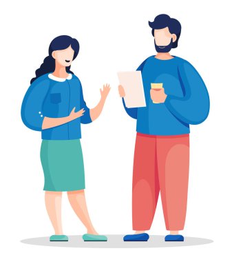 Çizgi film karakterleri birbiriyle konuşuyor, iki iş arkadaşı iletişim kuruyor, plan yapıyor, analiz ediyor.