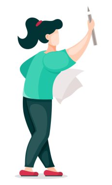 Vektör çizgi film karakteri, kalem ve kağıtlı kadın, beyaz teçhizatlı sanatçı veya tasarımcı