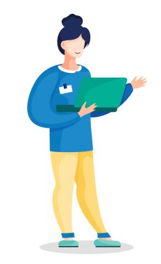 İş kadını elinde dizüstü bilgisayarla ayakta duruyor. Vektör düz tasarım çizimi