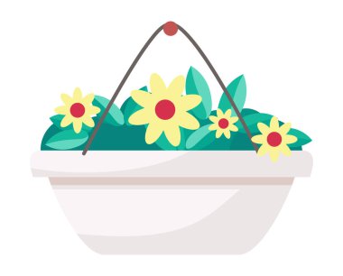 Beyaz arka planda izole edilmiş sarı çiçekli seramik kap, açık hava bitki konsepti