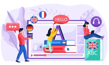 Online internet dil kursları. Kadın öğretmen öğrenciler için yabancı dil dersi veriyor.