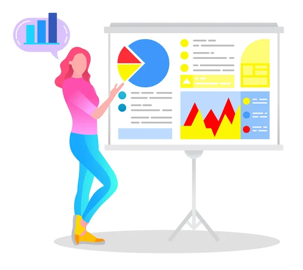 Kobieta Obecny Business Analytics Diagram w biurze — Wektor stockowy