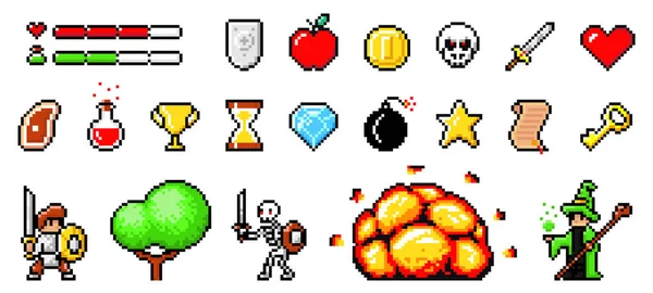 Conjunto de objetos vectoriales pixel art minimalistas aislados. Juego de píxeles. Notación de barra de juego de interfaz de usuario de 8 bits — Vector de stock