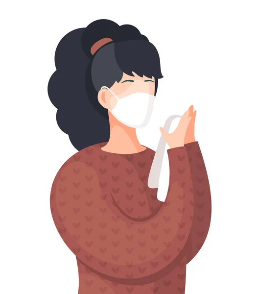 Illustration of woman wearing face medical mask standing at white background, viral pandemic — Stock Vector