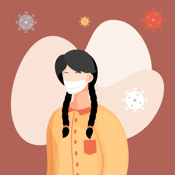 呼吸器医療用マスク飛行ウイルス病原体中の女性のCovid-19肖像画。ウイルスの拡散 — ストックベクタ