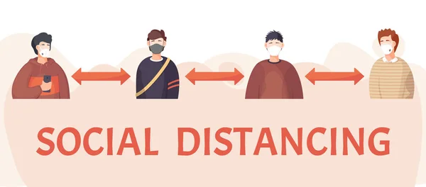 Folk bär ansiktsmasker och håller sig till sociala avstånd. Covid-19. Socialt avstånd — Stock vektor