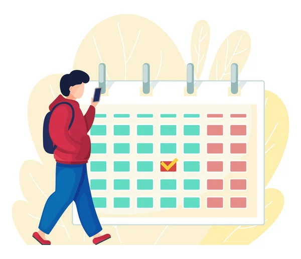 Hombre o chico con smartphone, usando calndar, concepto de planificación, marca de verificación en el calendario, horario — Vector de stock