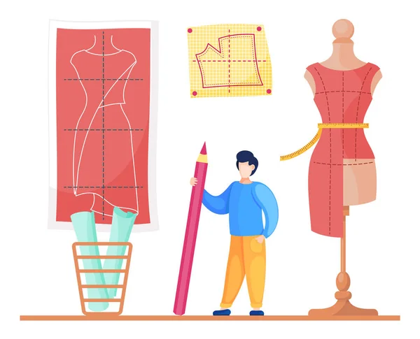 Projektant z ołówkiem w pobliżu manekina z sukienką, patrząc na wzór sukienki, koncepcja warsztatu szycia — Wektor stockowy