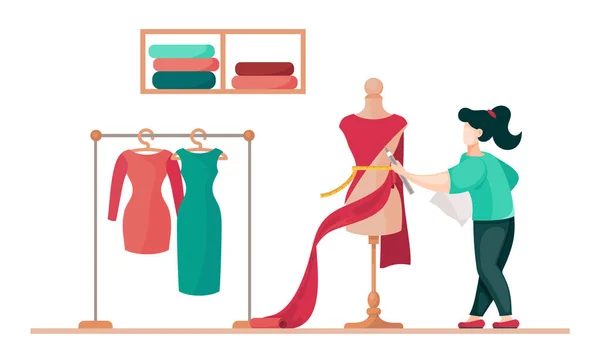 Diseñador de moda trabajando en el nuevo modelo de vestido, concepto de taller de costura o taller de moda — Archivo Imágenes Vectoriales