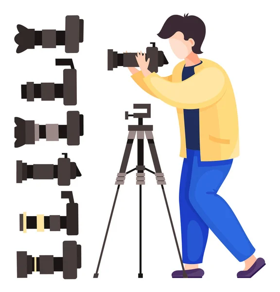 Vector cartoon character, photographer with reflex camera, set of digital cameras with removable lens — Stock Vector