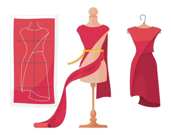 Proces szycia ubrań, czerwony wzór sukni, proces szycia sukni w manekinach, gotowy materiał — Wektor stockowy