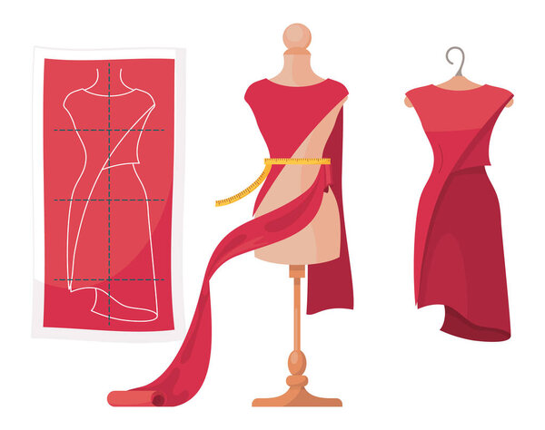 Process of dressmaking, red pattern of dress, process of sewing dress at mannequin, ready cloth