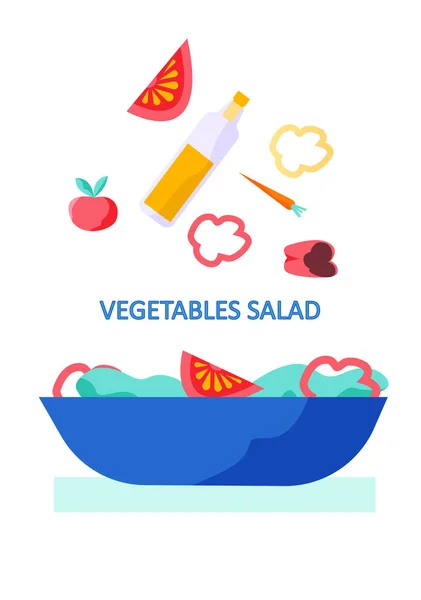 做饭的信息图形。让我们用新鲜的西红柿和辣椒做蔬菜沙拉当晚餐吧 — 图库矢量图片