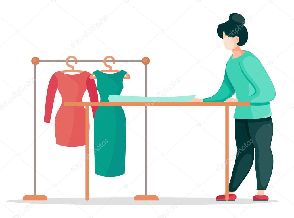 Sewing workshop, custom clothing. Fashion designer is making a model. Fashion house, textile factory