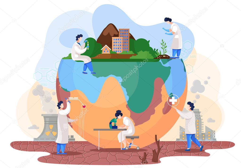 Chemists experimenting with the planet. Scientists conduct research using a microscope and reagents