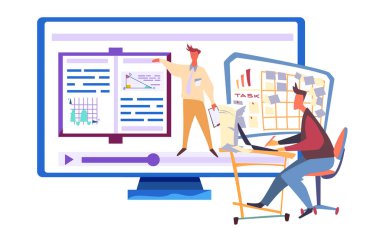 Ofiste çalışan bir adam. Bilgisayar monitöründeki bir adam bir kitabın yanında duruyor. İş Ofisi