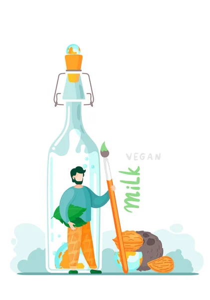 Bitki bazlı vejetaryen süt değiştirme pankartı şişede süt, farklı fındıklar ve küçük bir adam. — Stok Vektör