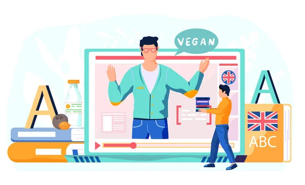 Vegan lesson in english. Teacher on the screen explains new topic. Online courses e-learning — Stock Vector