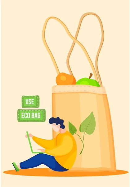 Eco saco de compras amigável. Bolsa de frutas. Produtos ecológicos. Homem trabalhando no laptop —  Vetores de Stock