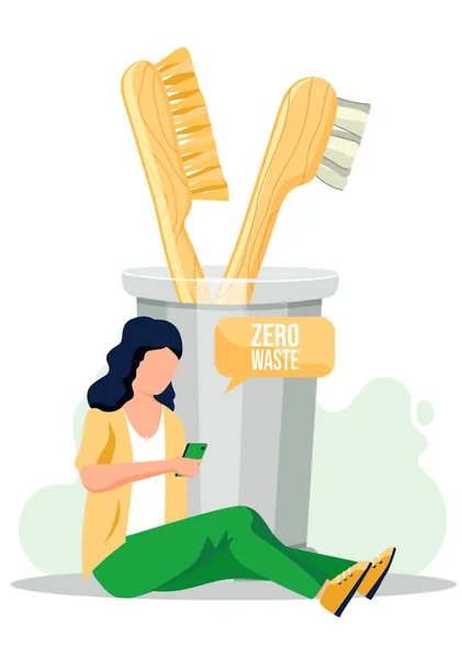 Escovas de dentes orgânicas naturais. Desperdício zero, equipamento ecológico. A menina com um smartphone — Vetor de Stock
