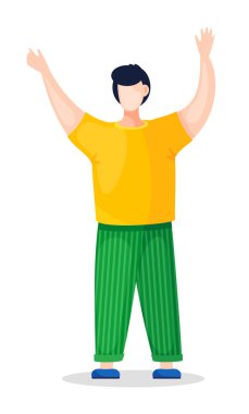 Beyaz arka planda sarı tişört ve yeşil pantolon giyen genç adam.