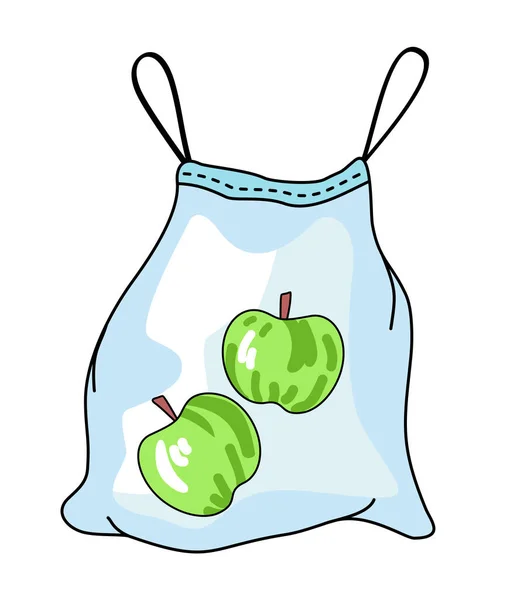 Еко-пластиковий пакет з переробки матеріалів з двома яблуками ізольовано на білому тлі, екологічний пакет — стоковий вектор