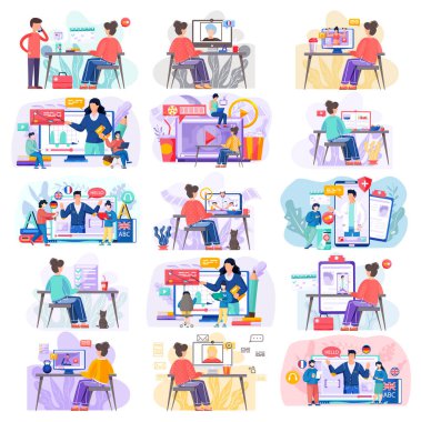 Çevrimiçi öğrenme, yemek pişirme, tıp, öğrenme dilleri hakkında video blogu. İnsanlar uzaktan çalışıyor.