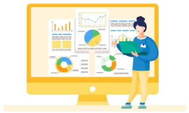 Finansal istatistikleri inceleyen bir kadın. Dizüstü bilgisayarı olan ve gülümseyen kadın.