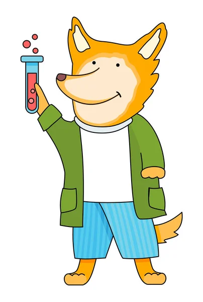 Funny cartoon animal student. A smart fox schoolboy with test tube in hands in chemistry class — Stock Vector