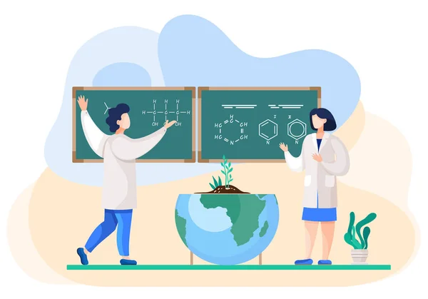 Os cientistas discutem fórmulas. Investigadores químicos com investigações. Experiência científica em laboratório —  Vetores de Stock