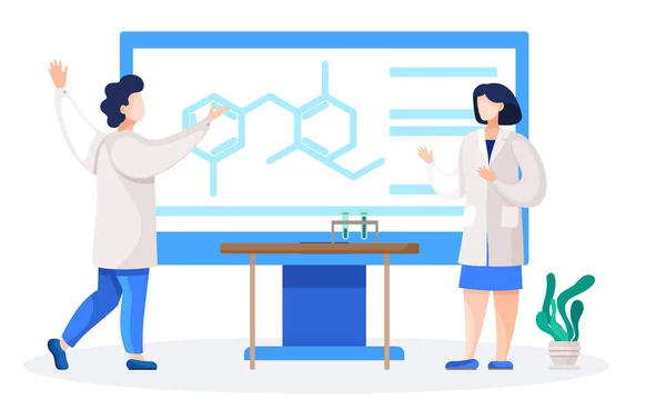 Pekerja medis di lab bersukacita atas penemuan ini. Orang-orang bermantel putih bekerja dengan tabung reaksi - Stok Vektor