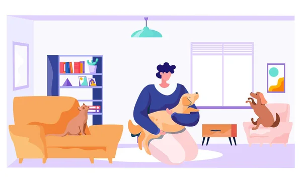 Ung kvinna är hemma med sina hundar och katt på fåtölj i vardagsrum med fönster, bokhylla — Stock vektor