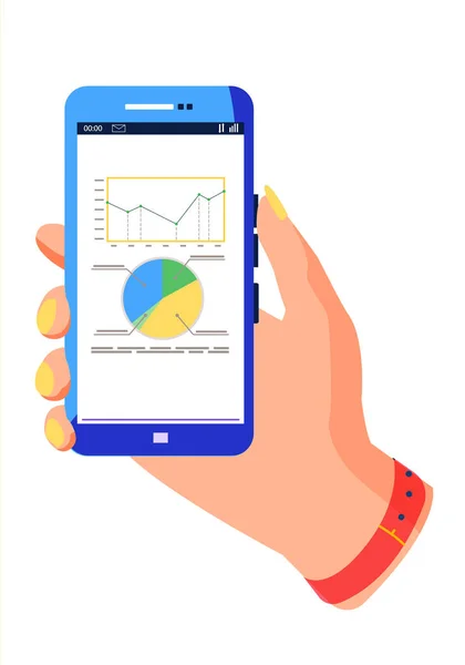 Un gráfico sectorizado sobre fondo blanco. Smartphone azul con app para el análisis de datos en manos femeninas — Vector de stock