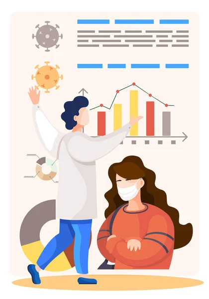 Coronavirus statistics. Dynamics of the spread of the virus. Doctor looking indicators on reports — Stock Vector